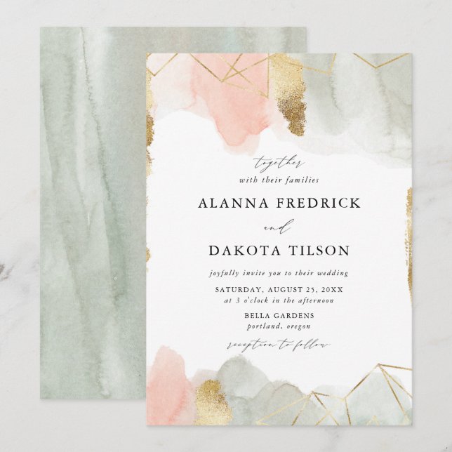 Convite Casamento Geométrico Dourado com Aquarela Blush &  (Frente/Verso)