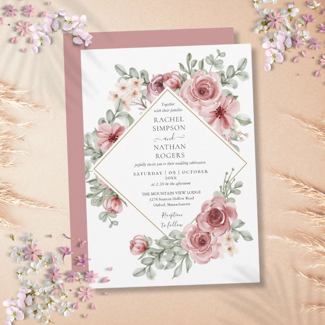 Convite Casamento Geométrico Dourado com Dusty Floral (Floral Dusty Rose Gold Geometric Wedding Invitation)