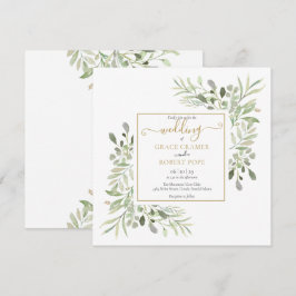 Convite Casamento Geométrico Dourado com Vegetação em Aqua