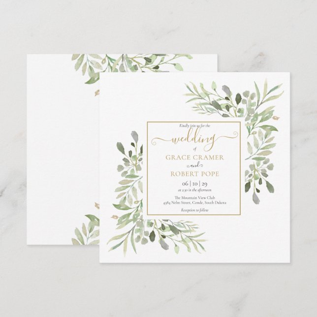 Convite Casamento Geométrico Dourado com Vegetação em Aqua (Frente/Verso)