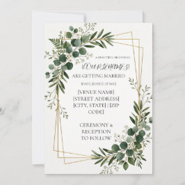 Convite Casamento Geométrico Dourado com Vegetação Persona