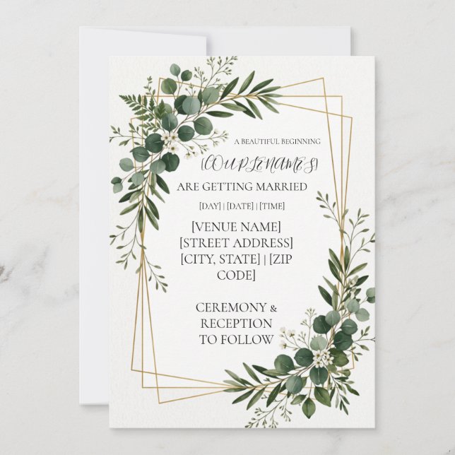 Convite Casamento Geométrico Dourado com Vegetação Persona (Frente)