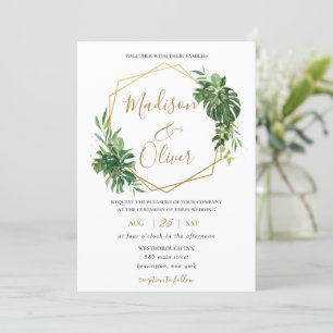 Convite Casamento Geométrico Dourado com Verde Tropical