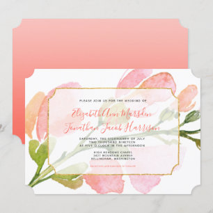 Convite Casamento Geométrico Dourado de Coral Floral Eleg