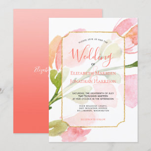 Convite Casamento Geométrico Dourado de Coral Floral Elega