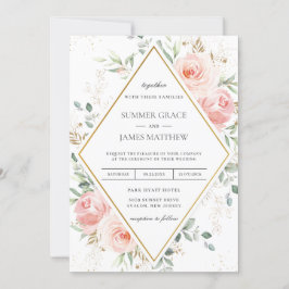 Convite Casamento Geométrico Dourado de Diamante Rosa-Blus