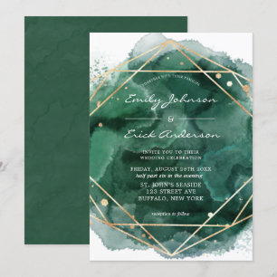 Convite Casamento Geométrico Dourado de Emerald Green Wat