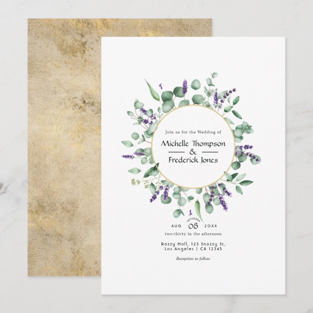 Convite Casamento Geométrico Dourado de Eucalipto Lavanda (Frente/Verso)