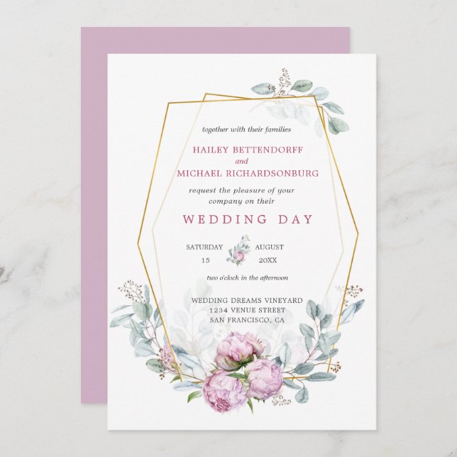 Convite Casamento Geométrico Dourado de Peões Rosa-Rosa-Du (Frente/Verso)