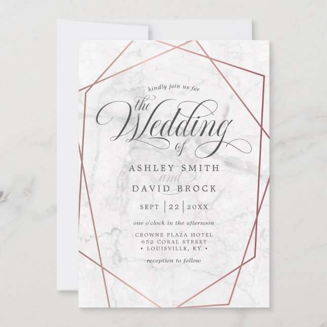 Convite Casamento Geométrico Dourado do Marble Rosa (Frente)