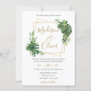 Convite Casamento Geométrico Dourado do Verde Tropical Mod