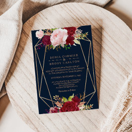 Convite Casamento geométrico Dourado e Tropical Vermelha