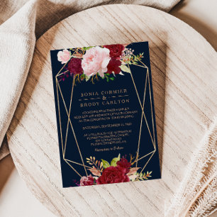 Convite Casamento geométrico Dourado e Tropical Vermelha