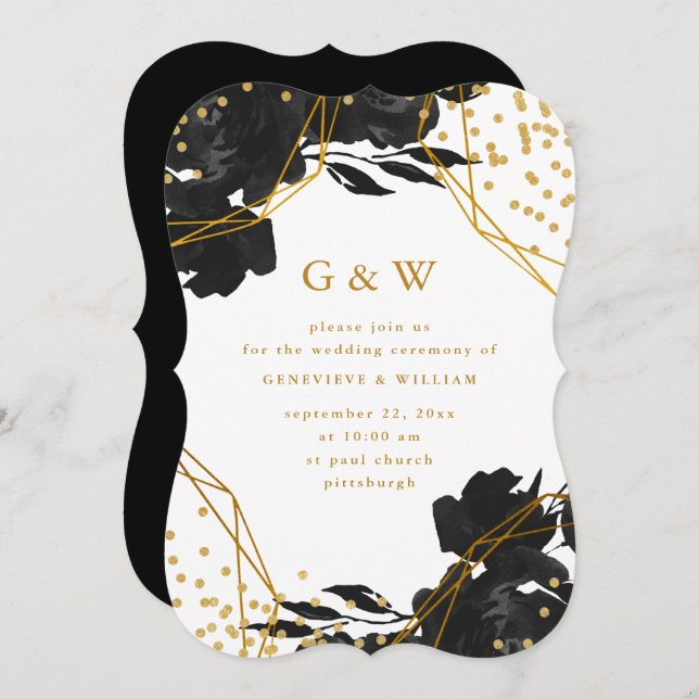 Convite Casamento Geométrico Dourado Faux Floral Preto Mod (Frente/Verso)