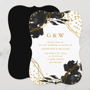 Convite Casamento Geométrico Dourado Faux Floral Preto Mod