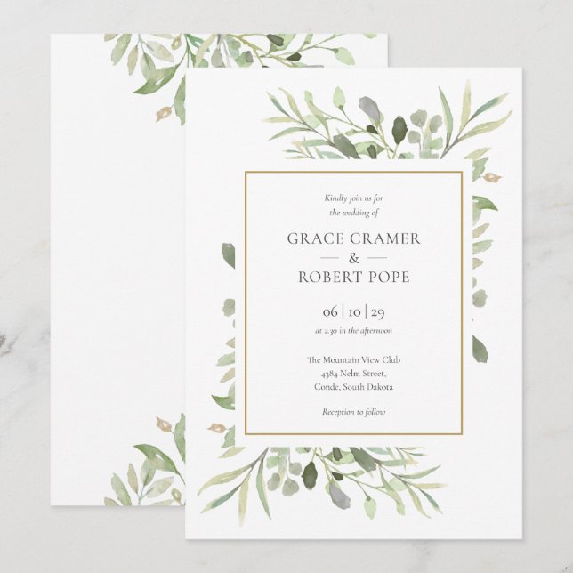 Convite Casamento Geométrico Dourado Folhagem Verde Botâni (Frente/Verso)