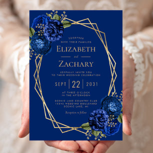 Convite Casamento Geométrico Dourado Real Blue Floral