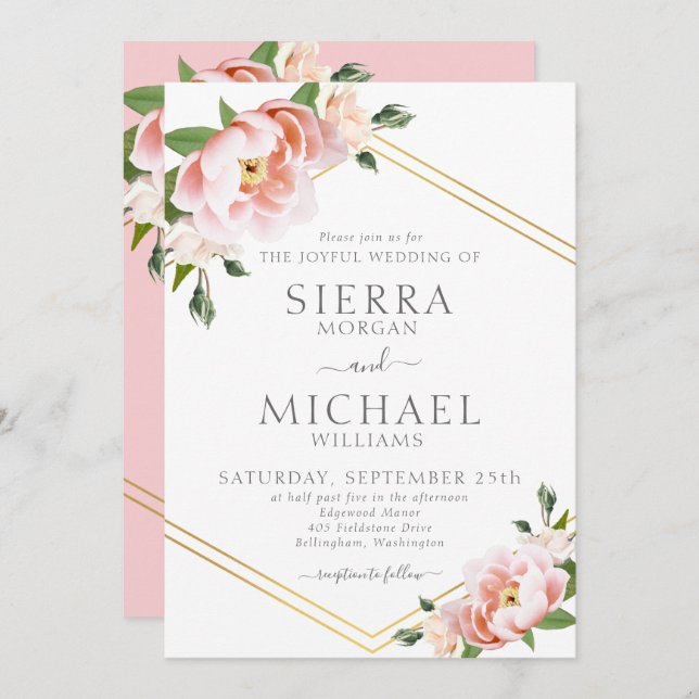 Convite Casamento Geométrico Dourado Rosa-Blush Floral Ele (Frente/Verso)