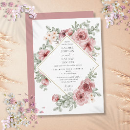 Convite Casamento Geométrico Dourado Rosa Floral Empoeirad