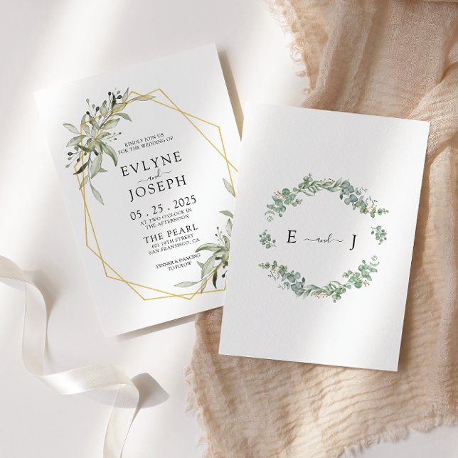 Convite Casamento Geométrico Dourado Rustic Eucalyptus (Criador carregado)