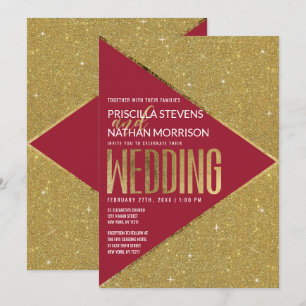 Convite Casamento Geométrico Dourado Vermelho de Luxo Mod