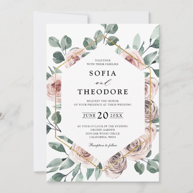 Convite Casamento Geométrico Dusty Pink Mauve Rosa Floral (Frente)