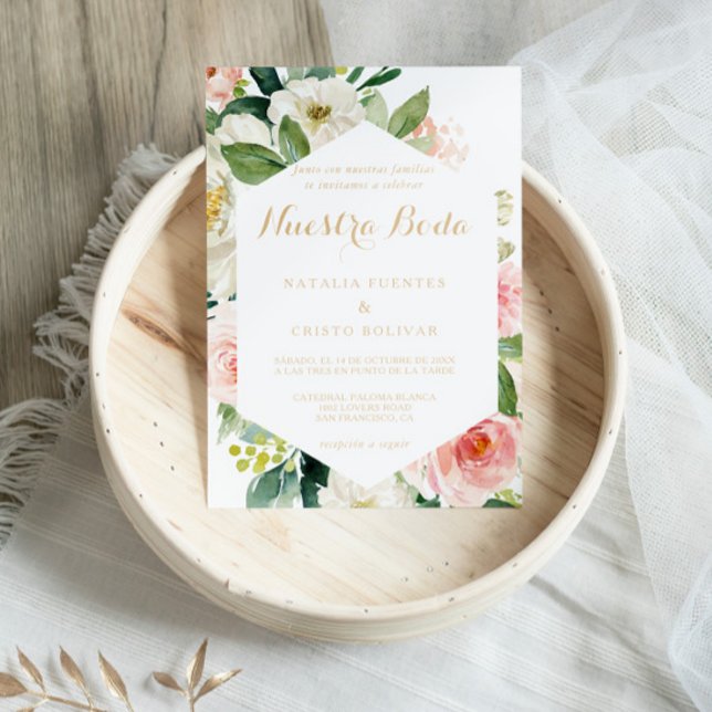 Convite Casamento Geométrico Elegante Espanhol Dourado e V (Criador carregado)