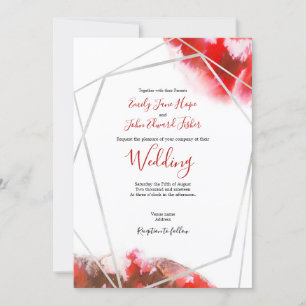 Convite Casamento Geométrico Elegante Red Watercolor/Silve
