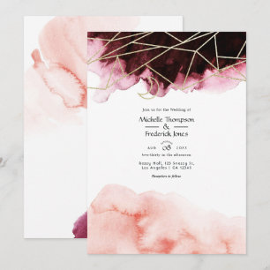 Convite Casamento Geométrico em Aquarela Burgundy e Blush