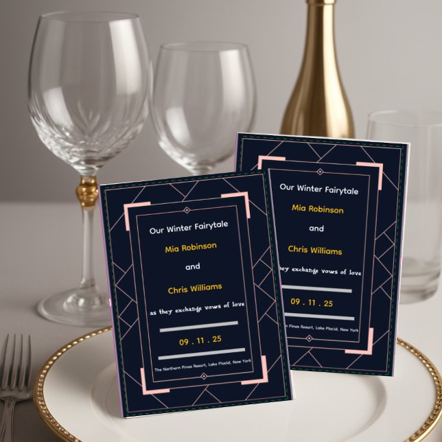 Convite Casamento Geométrico em Azul Naval Art Déco com Do (Navy Blue Art Deco Rose Gold Geometric Wedding)