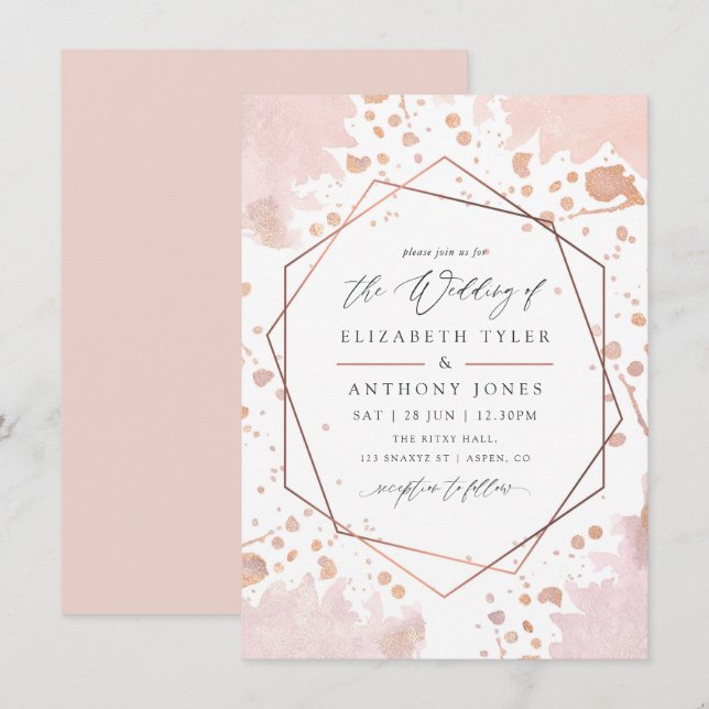 Convite Casamento Geométrico em Rose Gold e Rosa Bege (Frente/Verso)