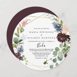 Convite Casamento Geométrico Espanhol Dourado Burgundy