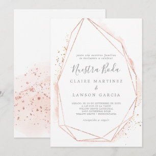 Convite Casamento Geométrico Espanhol Rosa Dourado