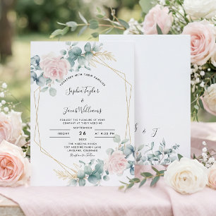 Convite Casamento Geométrico Eucalyptus Floral-Rosa-Blush