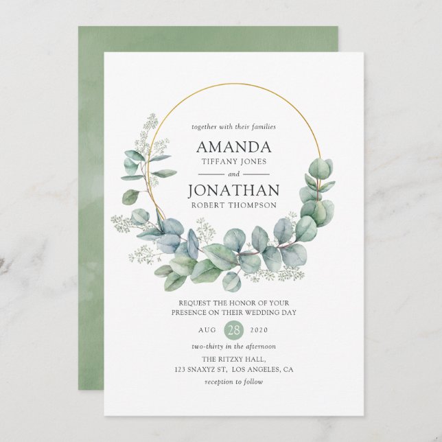 Convite Casamento Geométrico Eucalyptus Watercolor (Frente/Verso)
