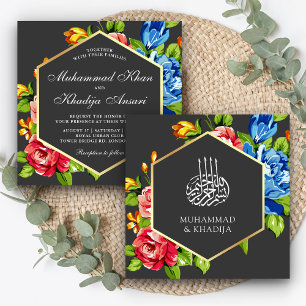 Convite Casamento Geométrico Faux Dourado Floral Islâmic