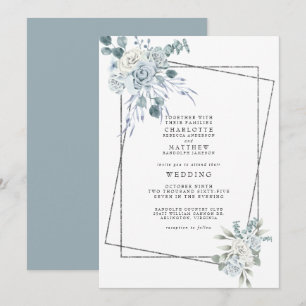 Convite Casamento Geométrico Floral Aquarela Azul Empoeira