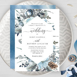 Convite Casamento Geométrico Floral Azul Elegante
