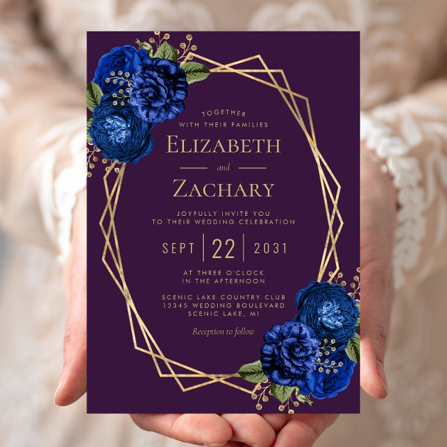 Convite Casamento Geométrico Floral Azul Royal Dourado Rox (Criador carregado)