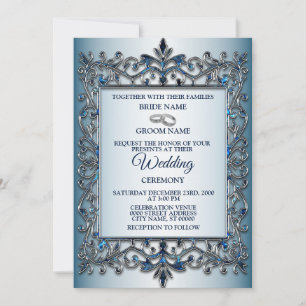 Convite Casamento Geométrico Floral Azul Teal Prata Vintag