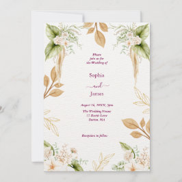 Convite Casamento Geométrico Floral Bege Dourado