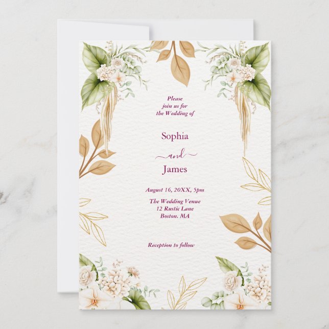 Convite Casamento Geométrico Floral Bege Dourado (Frente)