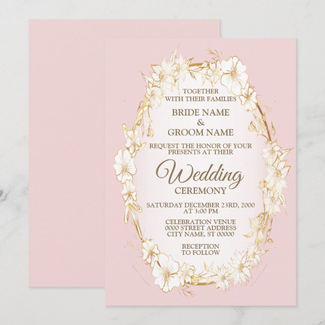 Convite Casamento Geométrico Floral Branco Dourado Rústico (Frente/Verso)