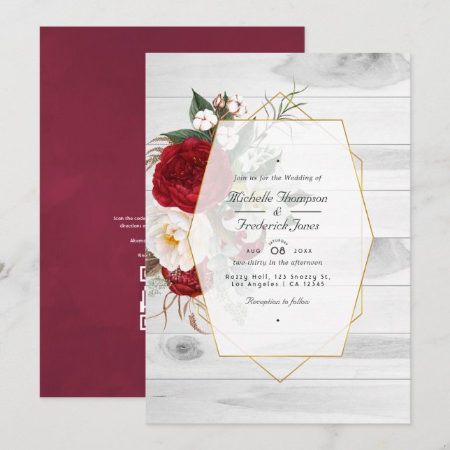 Convite Casamento Geométrico Floral Branco e Burgundy Rúst (Frente/Verso)