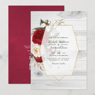Convite Casamento Geométrico Floral Branco e Burgundy Rúst