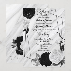 Convite casamento geométrico floral branco e preto