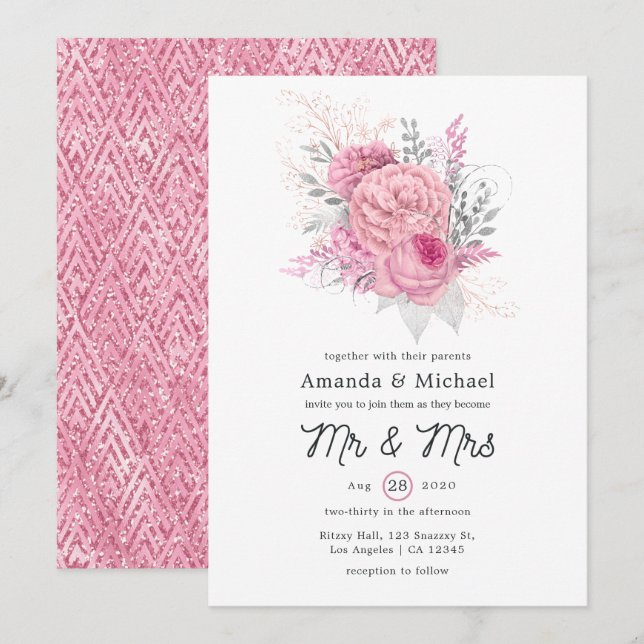 Convite Casamento Geométrico Floral com Brilho Rosa e Prat (Frente/Verso)
