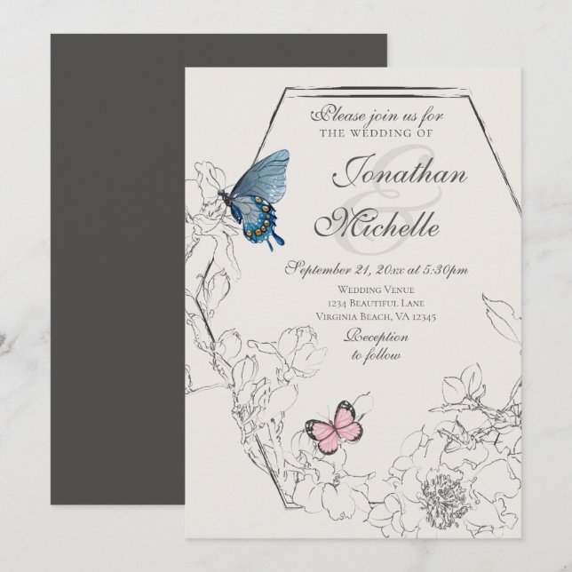 Convite Casamento Geométrico Floral da Borboleta de Aquare (Frente/Verso)