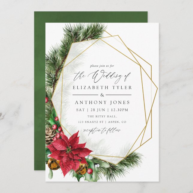 Convite Casamento Geométrico Floral de Natal em Aquarela (Frente/Verso)