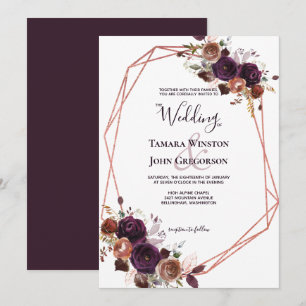 Convite Casamento geométrico floral Dourado do rosa
